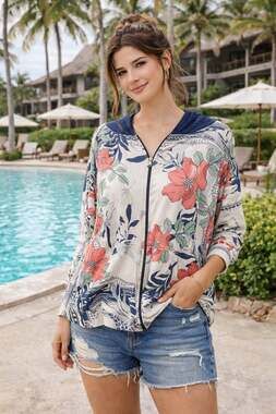 Blumin Apparel Floral Paisley Print Contrast Stripe Zip-Up Hoodie